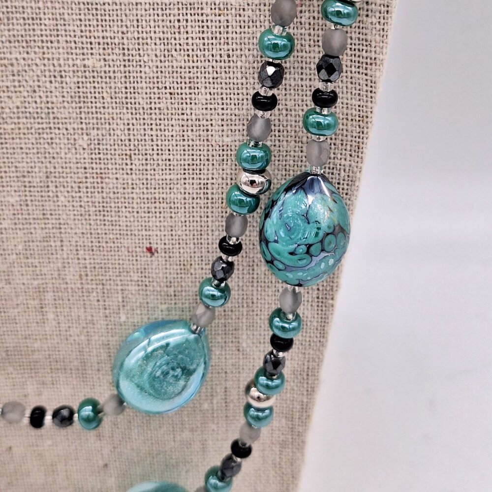 Antica Murrina Murano Glass Teal Green Long Bead Necklace 51" - Picture 3 of 10
